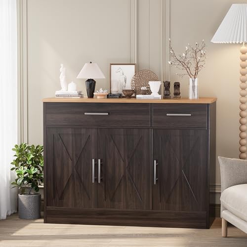 Modern Farmhouse Sideboard Buffet Cabinet with Barn Doors, 2 Drawers and 3 Doors, Adjustable Shelf for Kitchen or Living Room, Brown