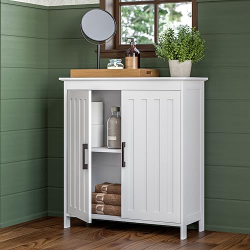 Two-Door Floor Storage Cabinet with Adjustable Shelves, Bathroom Storage with Soft-Close Doors, White Finish with Matte Black Handles