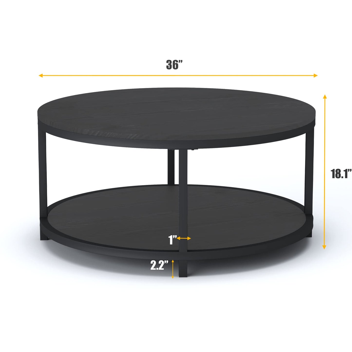 NSdirect 36" Round Coffee Table for Living Room – Rustic Black Oak Wooden Top with Sturdy Metal Legs, 2-Tier Industrial Sofa Table with Open Storage Shelf, Modern Home Furniture