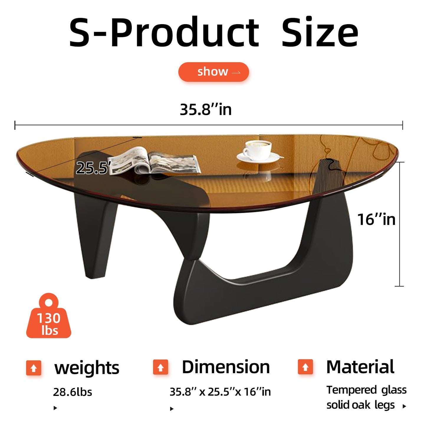 Mid Century Modern Glass Coffee Table, Small Elegant Coffee Table for Living Room Bedroom Office, Black/Brown Medium