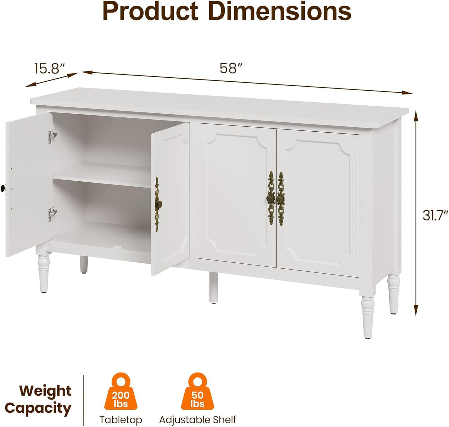 58" Mid-Century Modern Sideboard Buffet Cabinet with Storage and Solid Wood Legs, 4-Door Credenza for Entryway, Kitchen, or Living Room, Satin White
