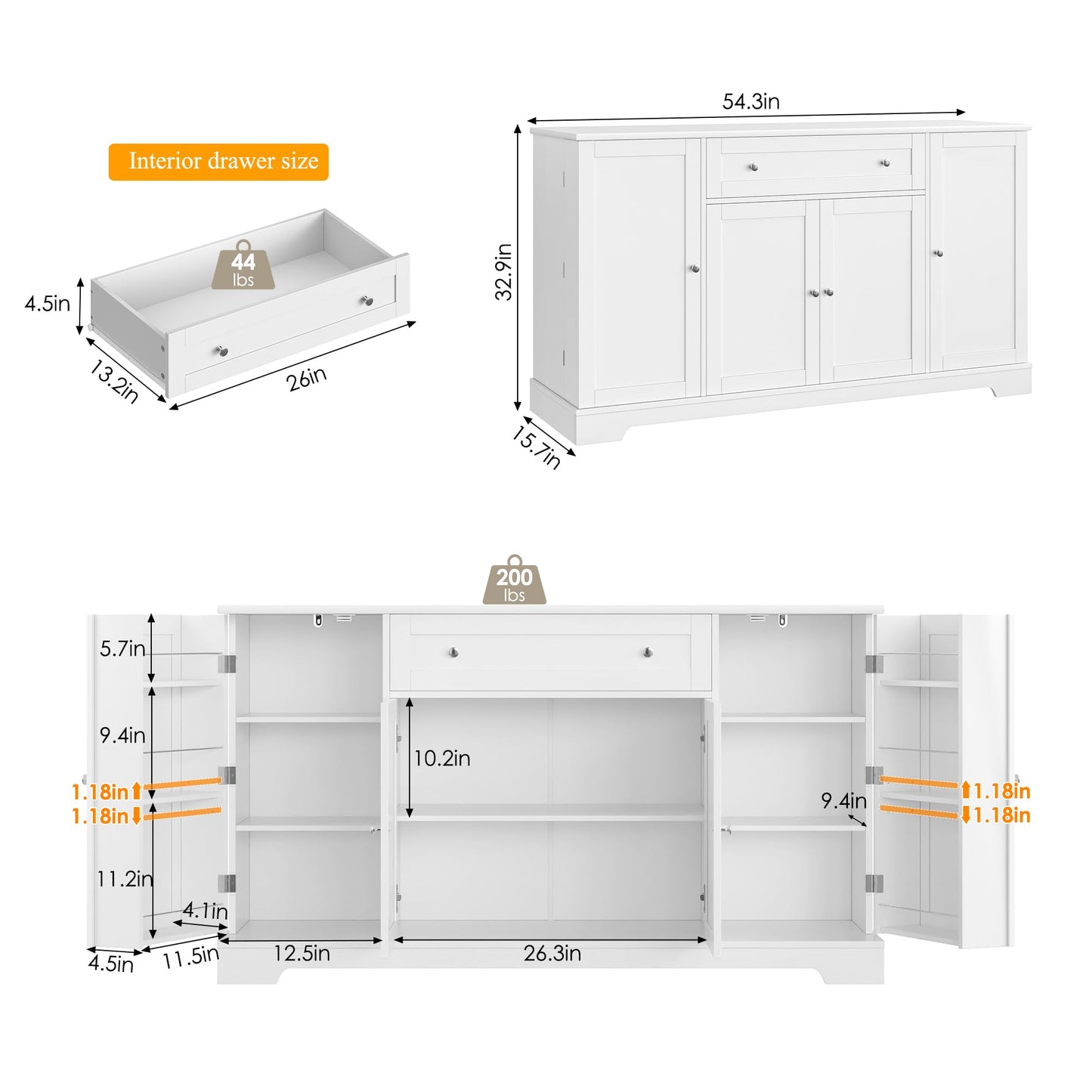 **HITHOS 54" Modern Buffet Cabinet with Storage, White Kitchen Sideboard with Drawer, Wood Coffee Bar Station with Adjustable Shelves for Living Room**