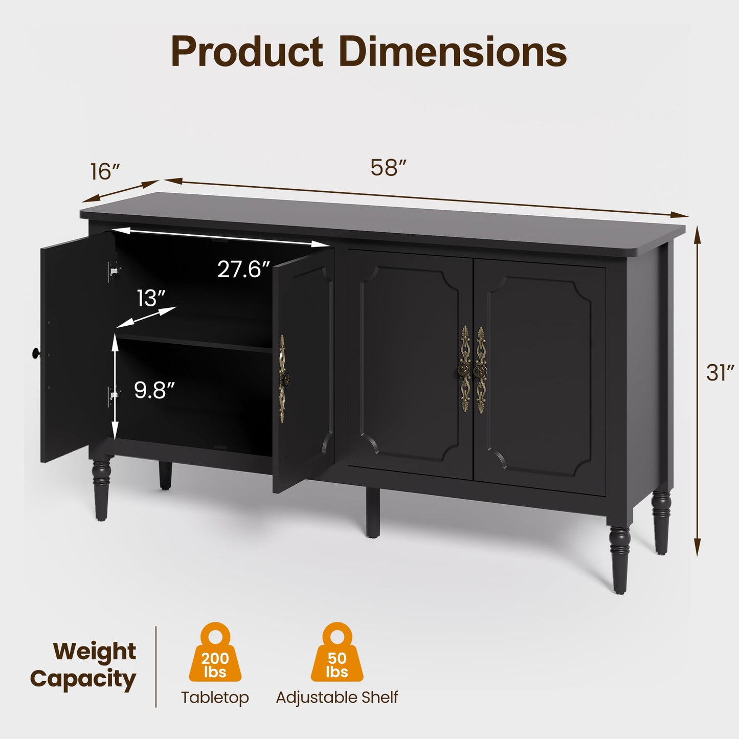 58" Mid-Century Modern Sideboard Buffet Cabinet with Storage and Solid Wood Legs, 4-Door Credenza for Entryway, Kitchen, or Living Room, Satin White