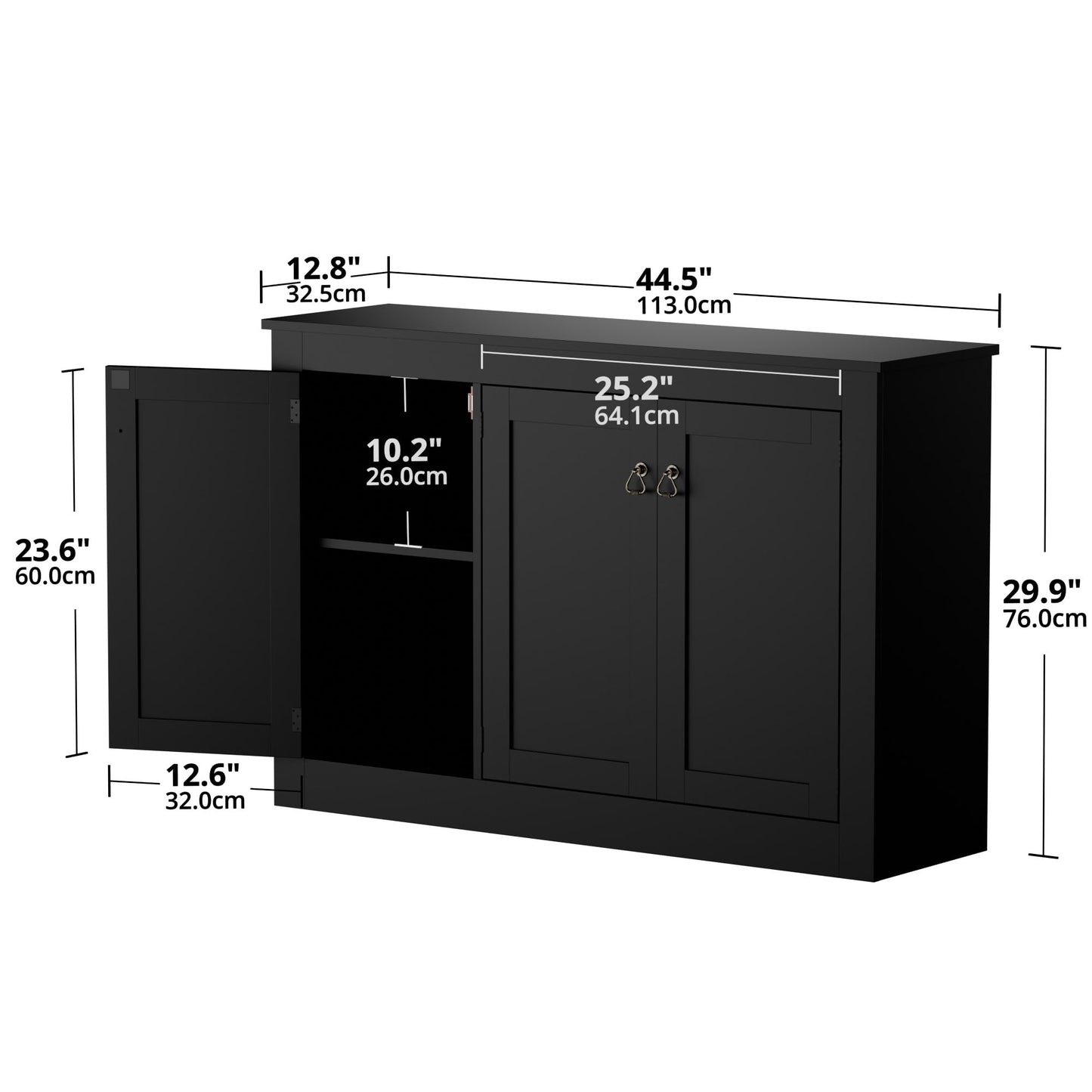 44.5" Black Buffet Cabinet with Storage, Wood Console Table Coffee Bar Sideboard for Kitchen, Dining, Living Room, or Entryway