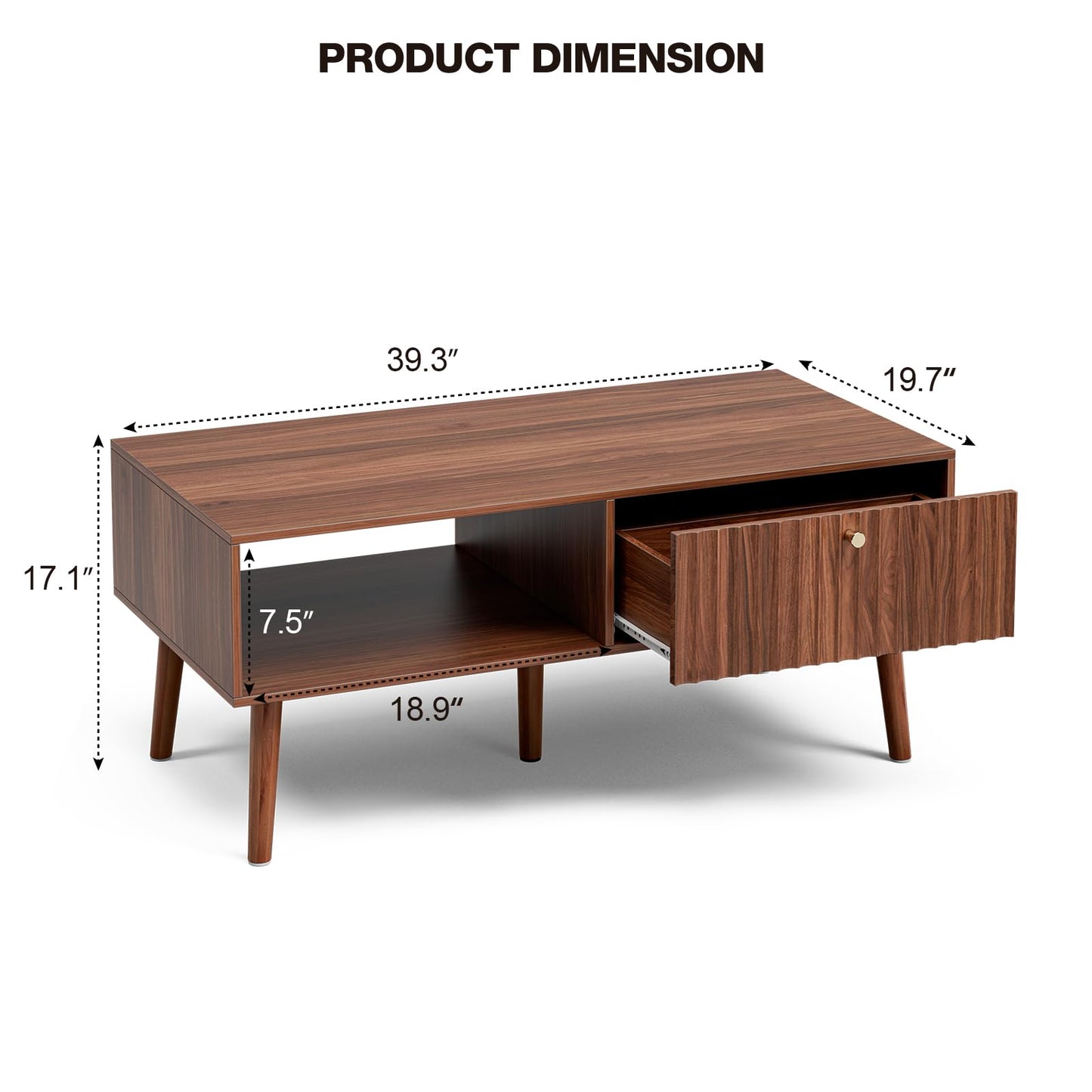 Mid-Century Modern Coffee Table with Storage – Fluted Drawer & Solid Wood Legs, Small Center Table for Living Room, Walnut