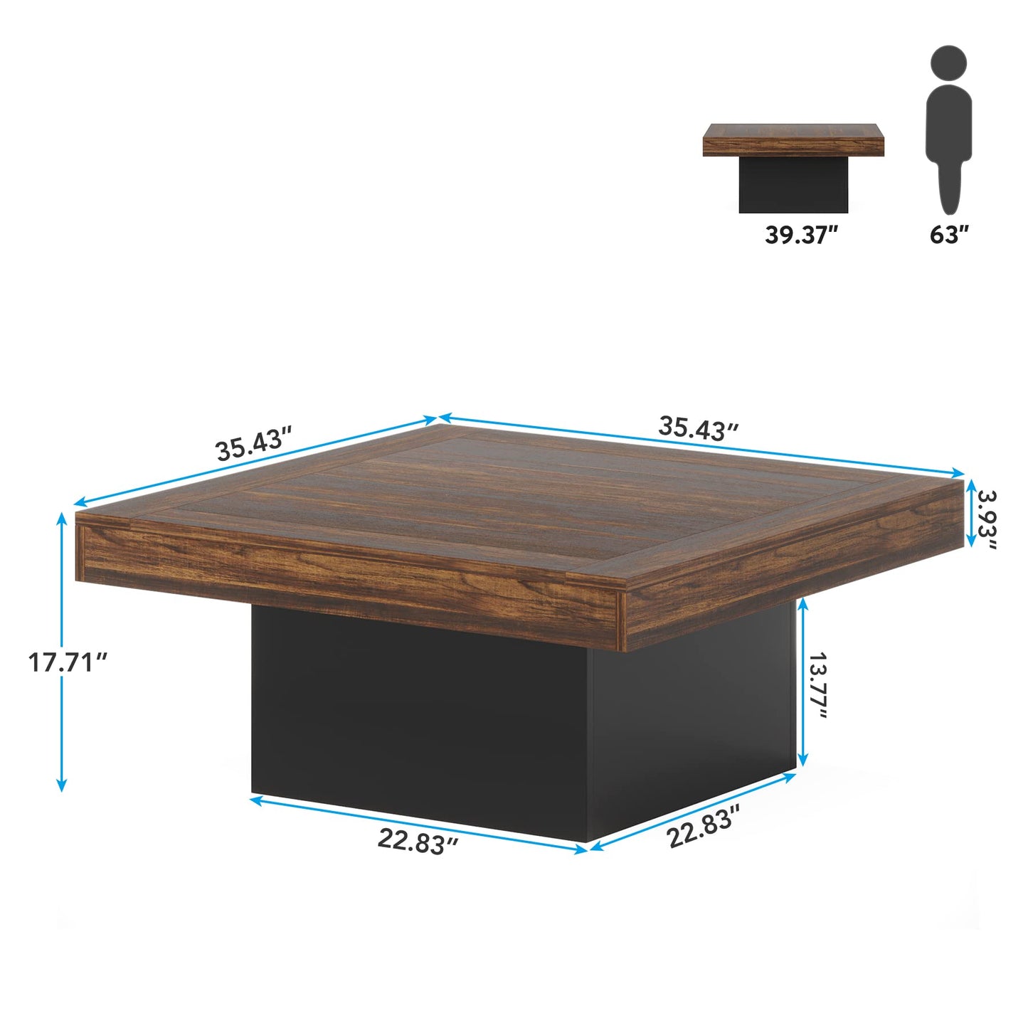 Tribesigns Square LED Coffee Table – Rustic Brown & Black Engineered Wood Low Center Cocktail Table for Living Room