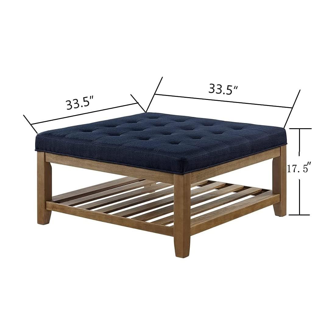 24KF Large Square Upholstered Tufted Linen Ottoman Coffee Table with Solid Wood Storage Shelf, Large Footrest Ottoman for Living Room, Navy Blue