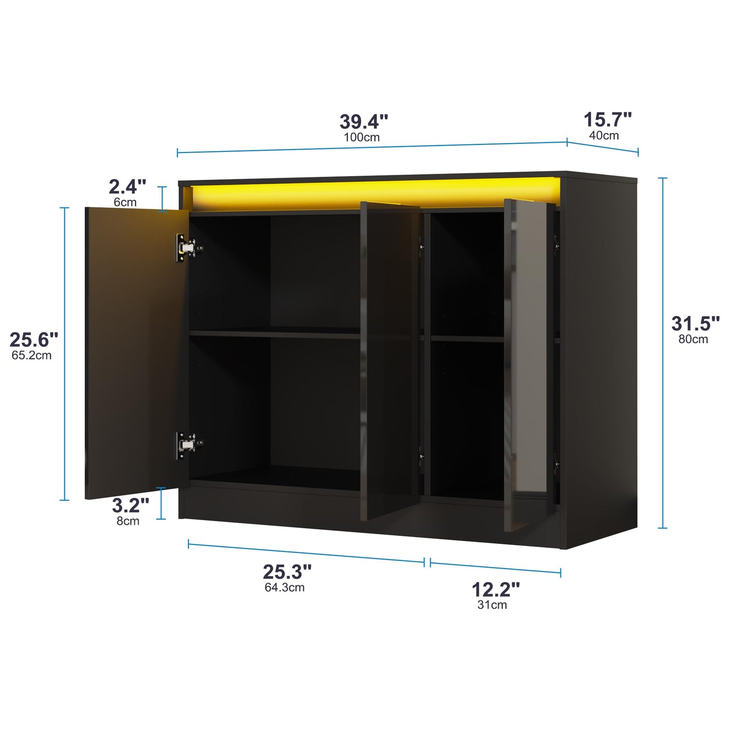 High Gloss Buffet Cabinet with LED Lights and Charging Station, Modern Handleless Sideboard Coffee Bar with 3 Doors for Living Room or Entryway, Black