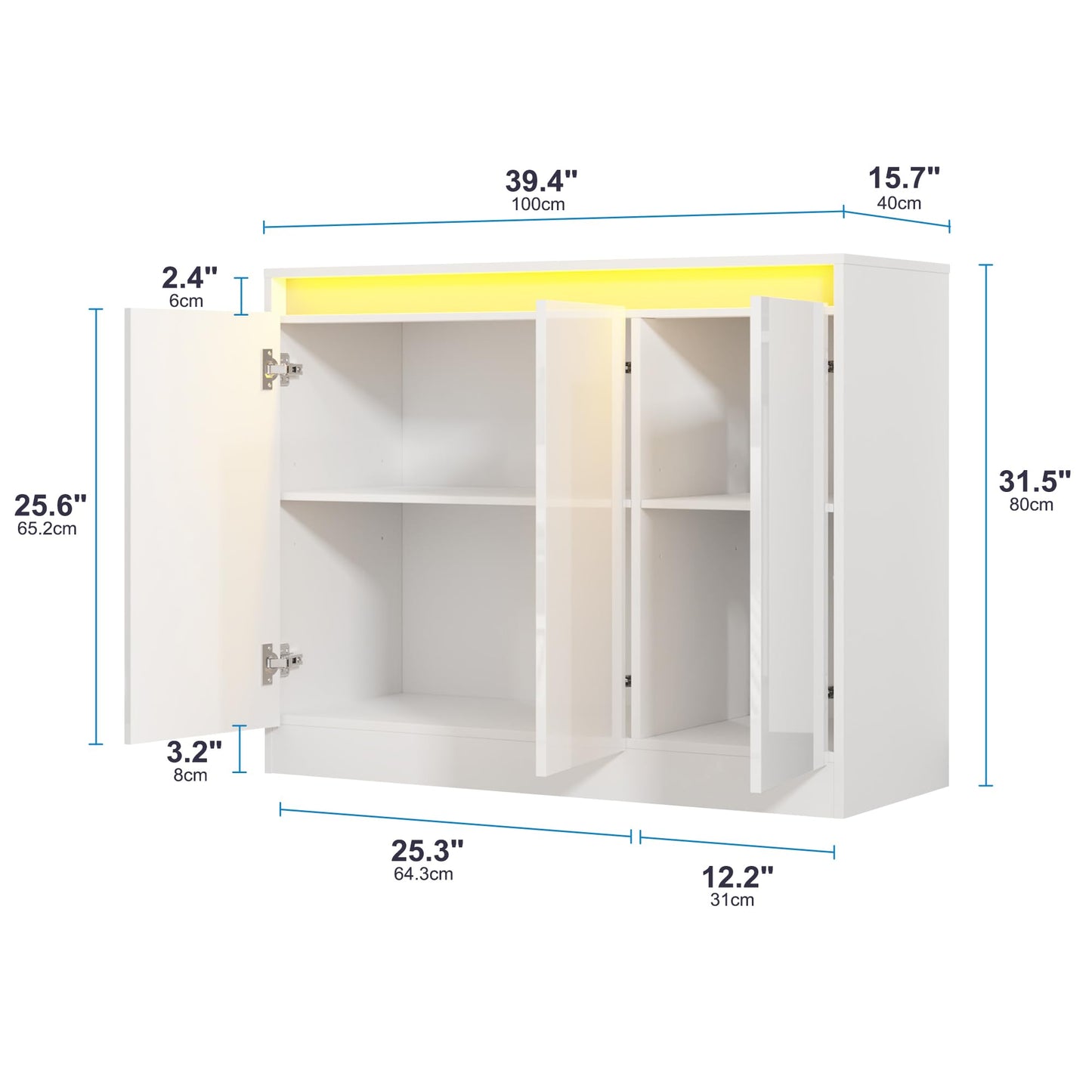 High Gloss Buffet Cabinet with LED Lights and Charging Station, Modern Handleless Sideboard Coffee Bar with 3 Doors for Living Room or Entryway, White