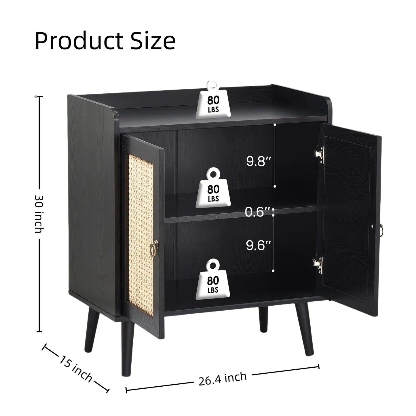 Rattan Buffet Cabinet with Round Pull Rings, Sideboard with 2 Doors and Ample Storage, Bar Liquor Shelf for Living Room or Hallway, Black