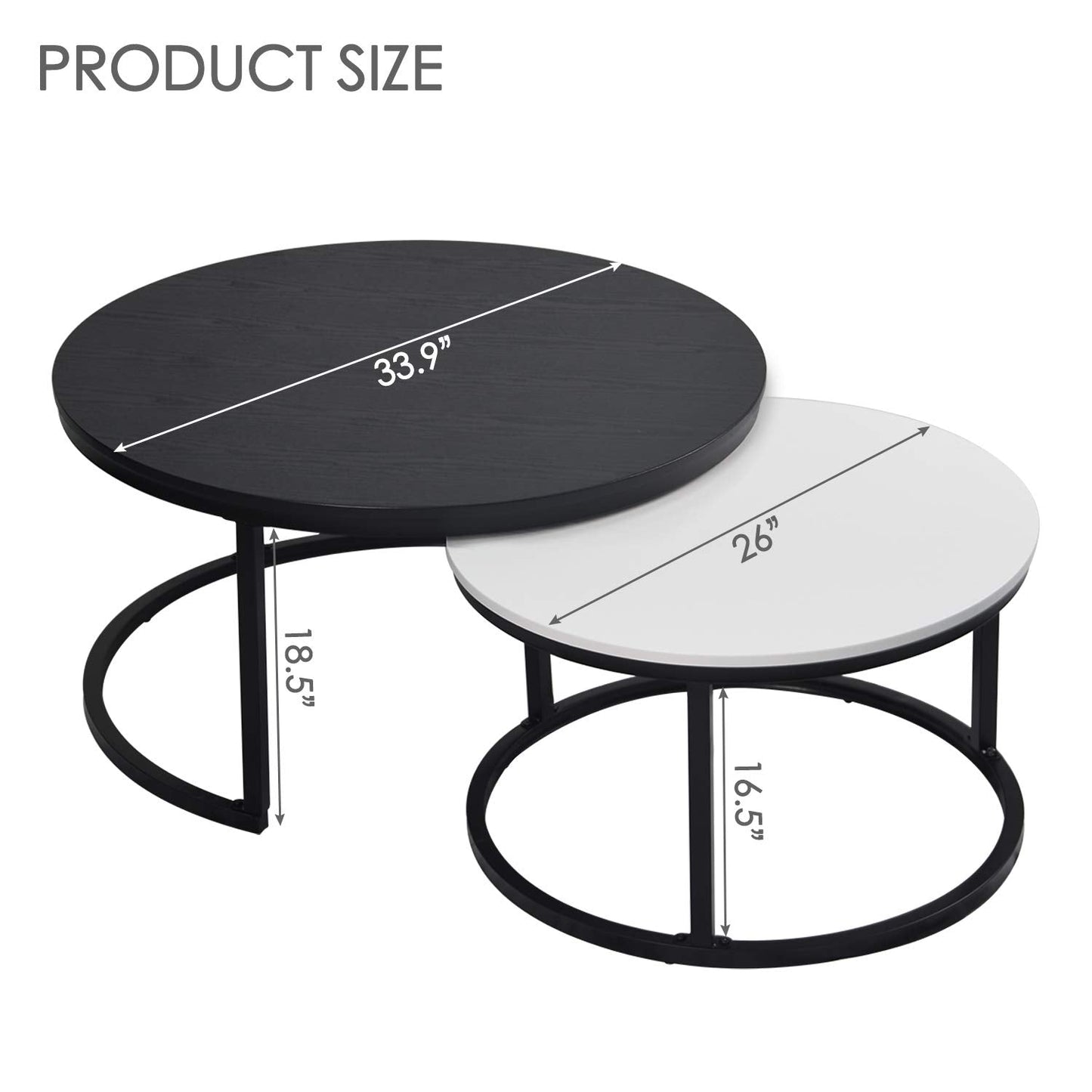 WiberWi Round Nesting Coffee Tables Set of 2 – Large Ø34", Small Ø26", Modern Metal Frame Side & End Tables for Living Room, Black & White