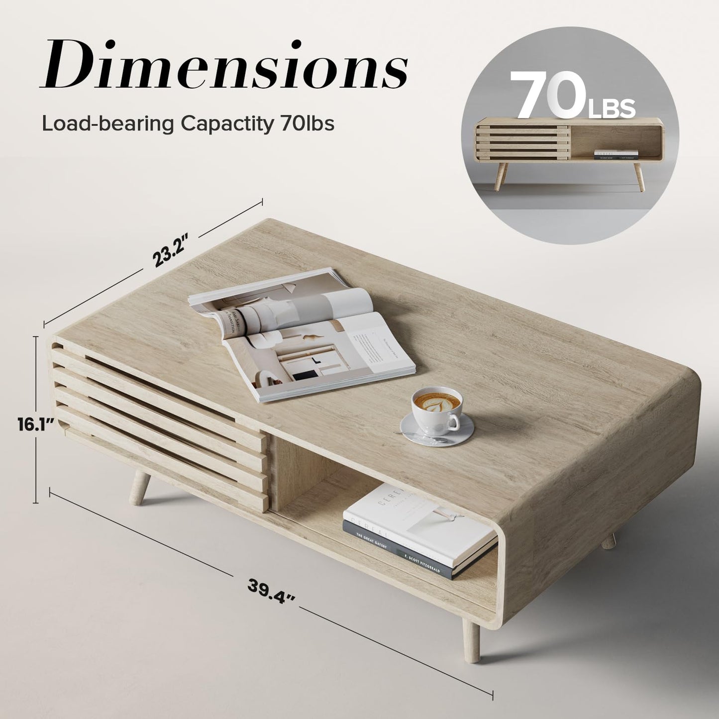 Farmhouse Wood Coffee Table with Storage for Living Room, Easy Assembly, Oak