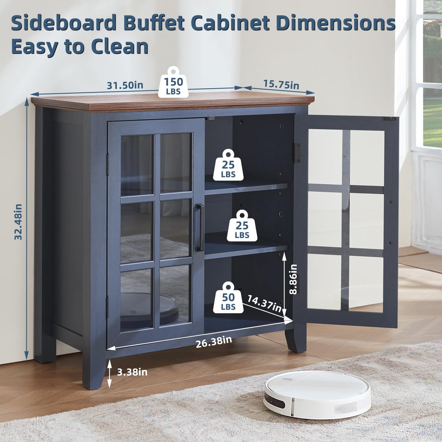 **32" Large Farmhouse Sideboard Buffet Cabinet with Storage, Wood Coffee & Wine Bar Cabinet with 2 Glass Doors, Mid-Century Modern Sideboard for Dining Room or Living Room, Navy Blue**