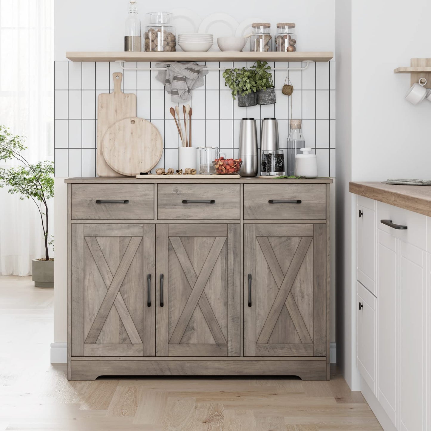 **HOSTACK Modern Farmhouse Buffet Sideboard Cabinet with Barn Doors, Drawers, and Shelves, Wood Coffee Bar Storage Cabinet for Dining Room, Kitchen, or Living Room, Ash Grey**