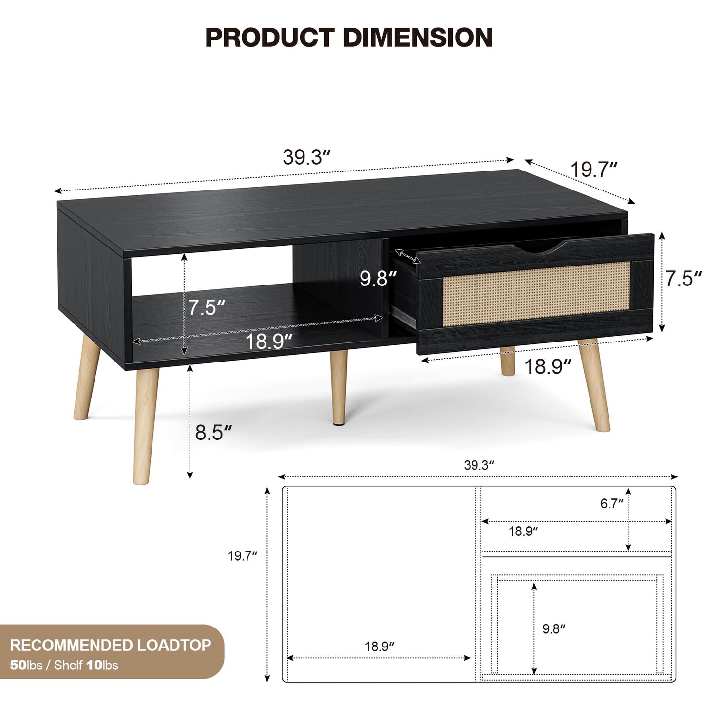 Boho Coffee Table with Sliding Rattan Door and Solid Wood Legs, Small Living Room Table with Storage, Black