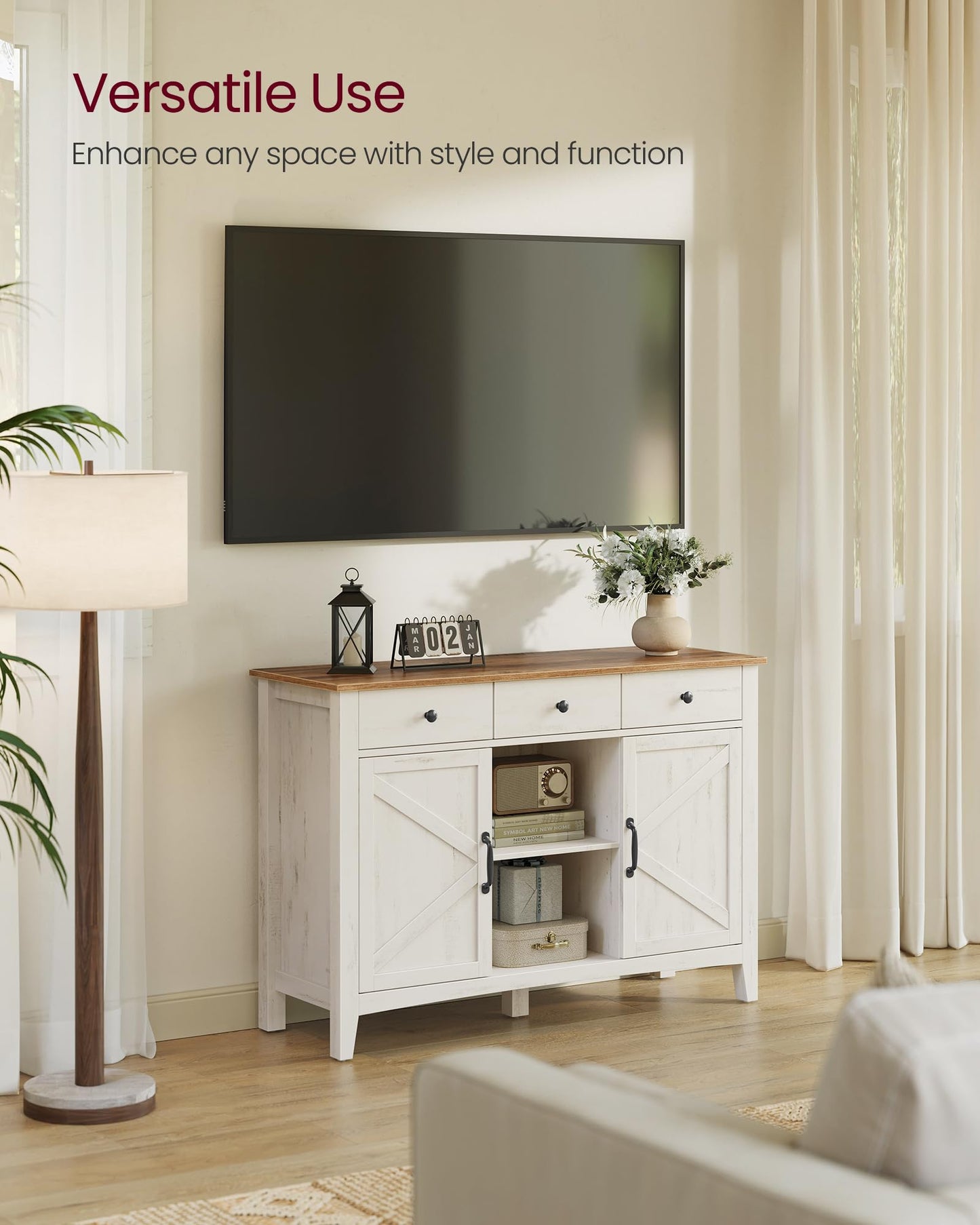 **Buffet Cabinet, Coffee Bar Cabinet with 3 Drawers, Adjustable Shelves, Sideboard Storage with Cable Holes and Drawer Dividers, Rustic White and Honey Brown**