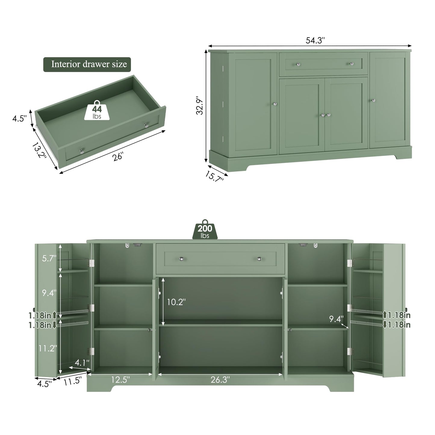 **HITHOS 54" Modern Buffet Cabinet with Storage, Green Kitchen Sideboard with Drawer, Wood Coffee Bar Station with Adjustable Shelves for Living Room**