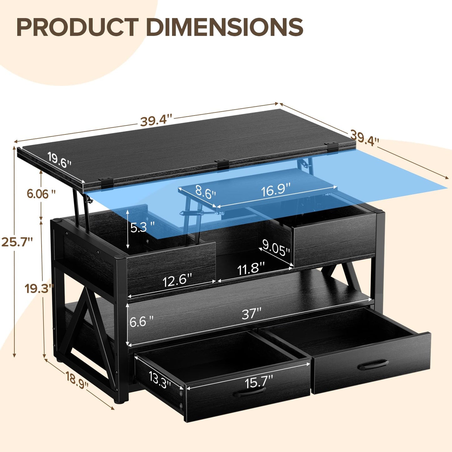 40" Lift Top Coffee Table, 4-in-1 Multi-Functional Farmhouse Coffee Table with Storage Drawers & Hidden Compartment, Lift Tabletop Center Table for Living Room, Black