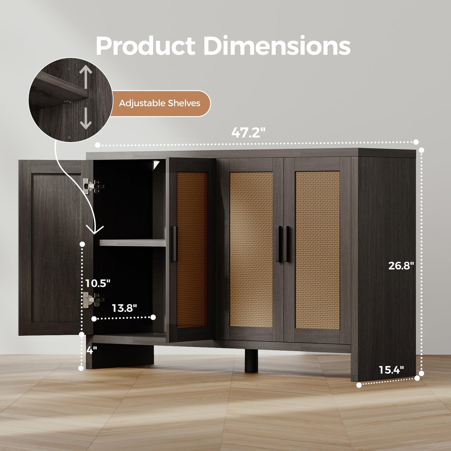 **Rattan Buffet Cabinet with Storage, Sideboard with Doors, TV Stand, Farmhouse Coffee Bar, Modern Wood Storage Cabinet for Living Room, Kitchen, or Dining Room, Black**