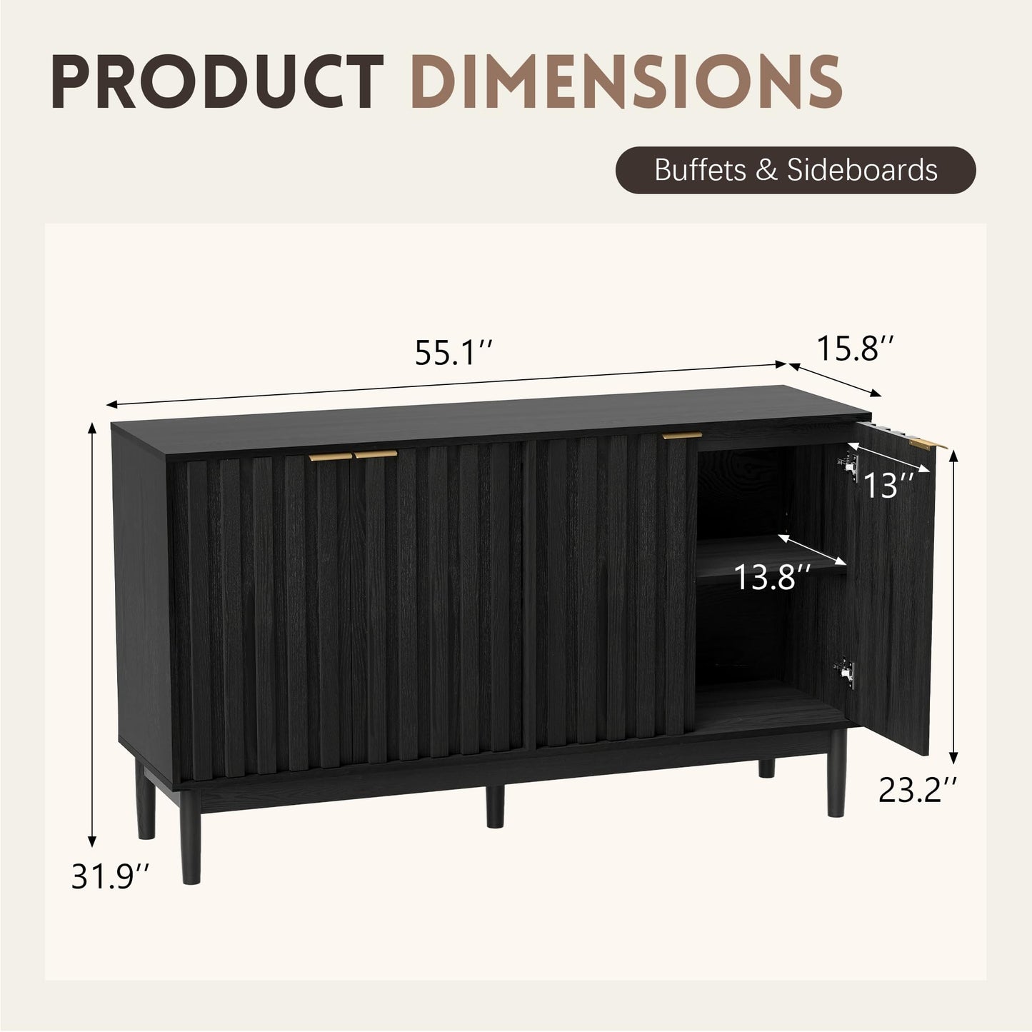 Small Fluted Buffet Cabinet with Door and Adjustable Shelves, Modern Sideboard Storage for Kitchen, Living Room, or Hallway, Black