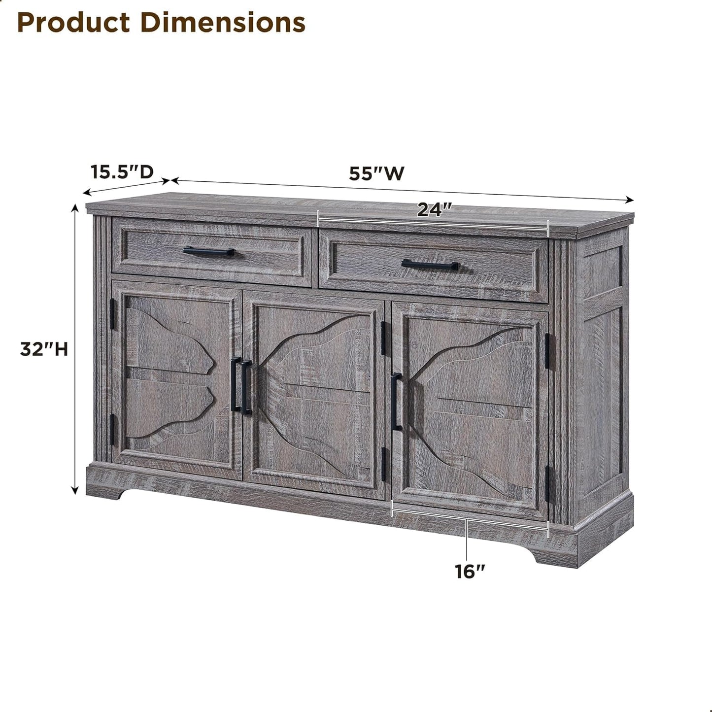 **55" Large Buffet Sideboard Cabinet with 3 Doors and 2 Drawers, Buffet Table Coffee Bar Wine Bar Storage Cabinet for Dining Room or Living Room, Dark Grey**