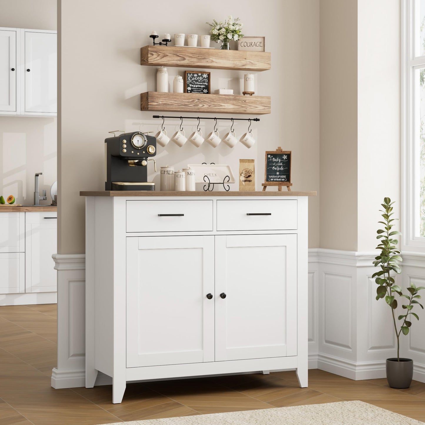 HORSTORS Modern Farmhouse Buffet Cabinet with Storage, Kitchen Sideboard Coffee Bar with 2 Drawers and 2 Doors, Floor Storage Cabinet for Living Room, Dining Room, or Bathroom, Ivory White