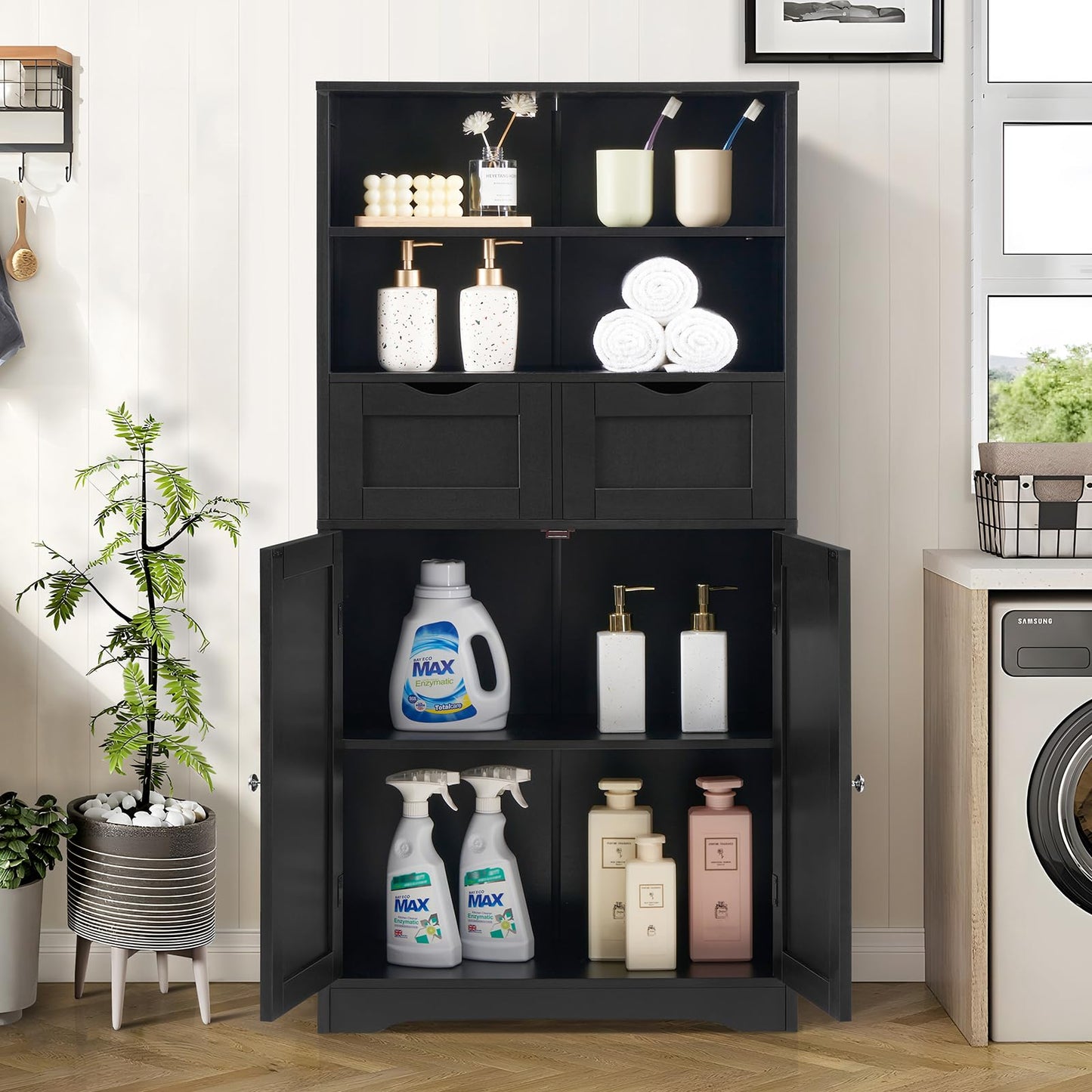 Tall Storage Cabinet with 2 Drawers and Adjustable Shelves, Black Bathroom or Living Room Cabinet for Dining Room or Entryway