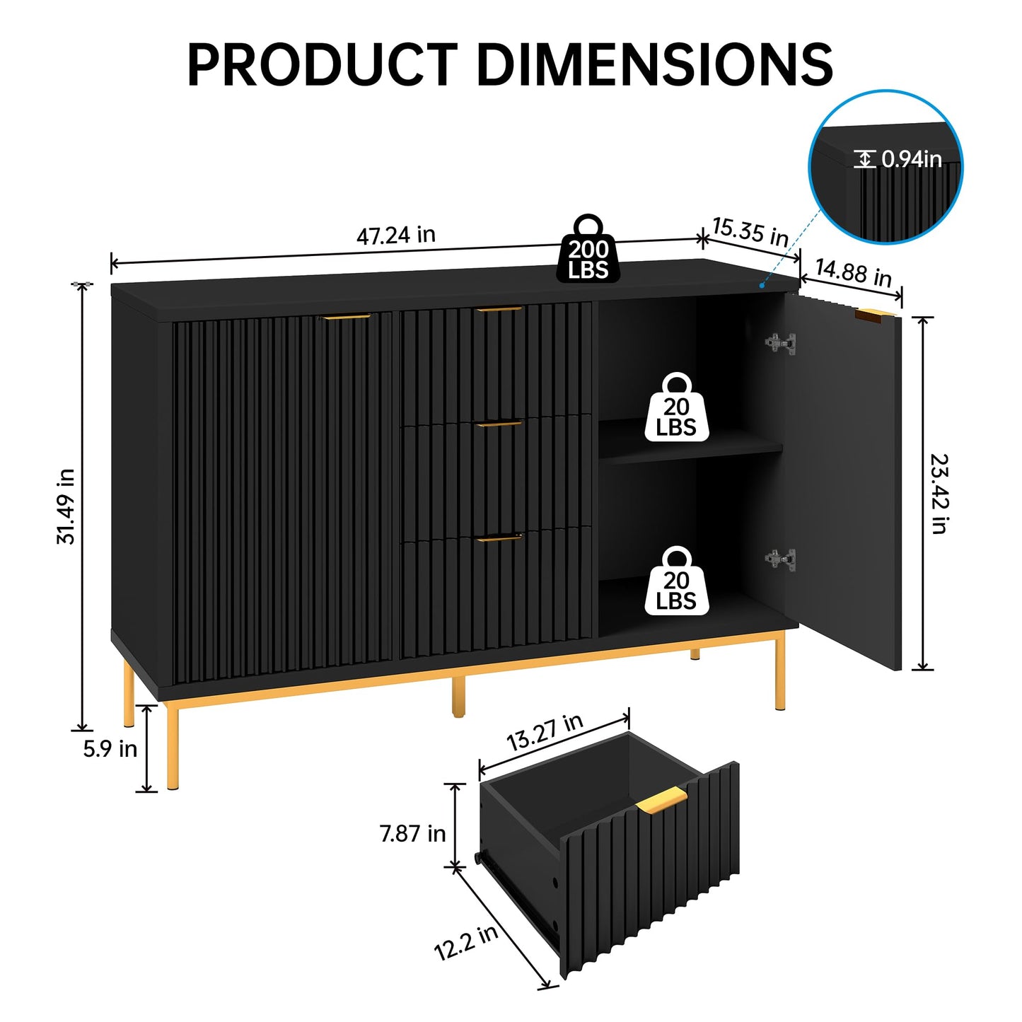 Fluted Buffet Cabinet with 2 Doors, 3 Drawers and Adjustable Shelf, 47" Modern Sideboard Credenza Coffee Bar Table, Black
