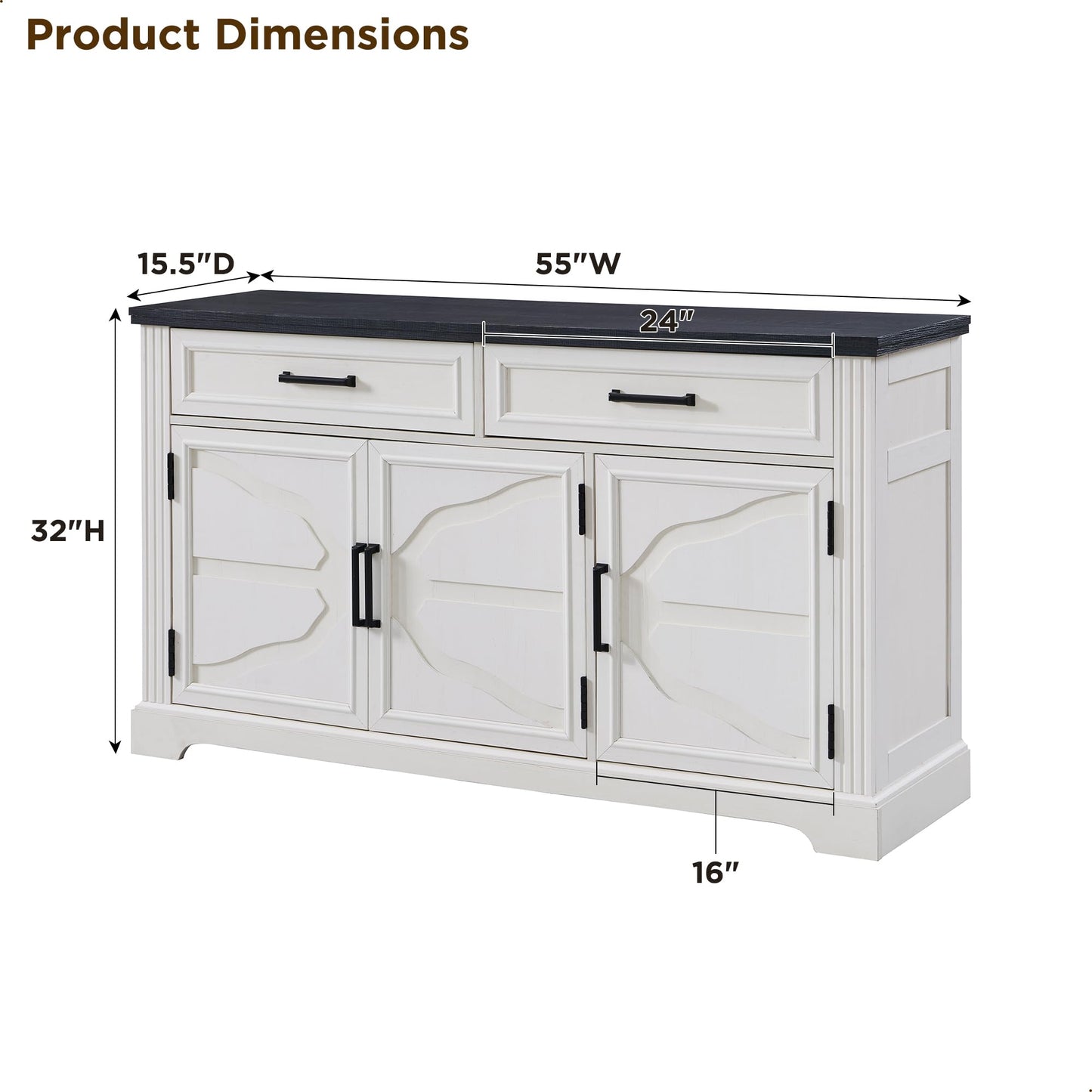55" Large Buffet Sideboard Cabinet with 3 Doors and 2 Drawers, Storage Buffet Table for Dining or Living Room, Off White