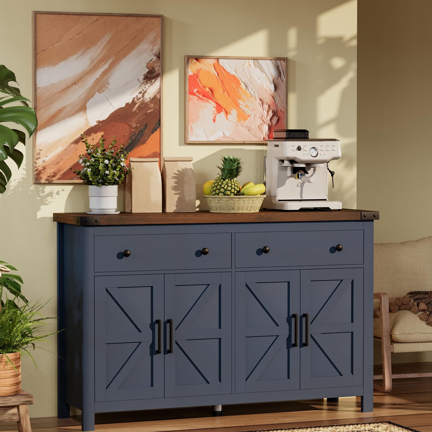 Farmhouse Buffet Cabinet with Storage, 55" Large Sideboard with 4 Doors & 2 Drawers, Blue Wood Coffee Bar Cabinet for Kitchen, Dining Room & Living Room