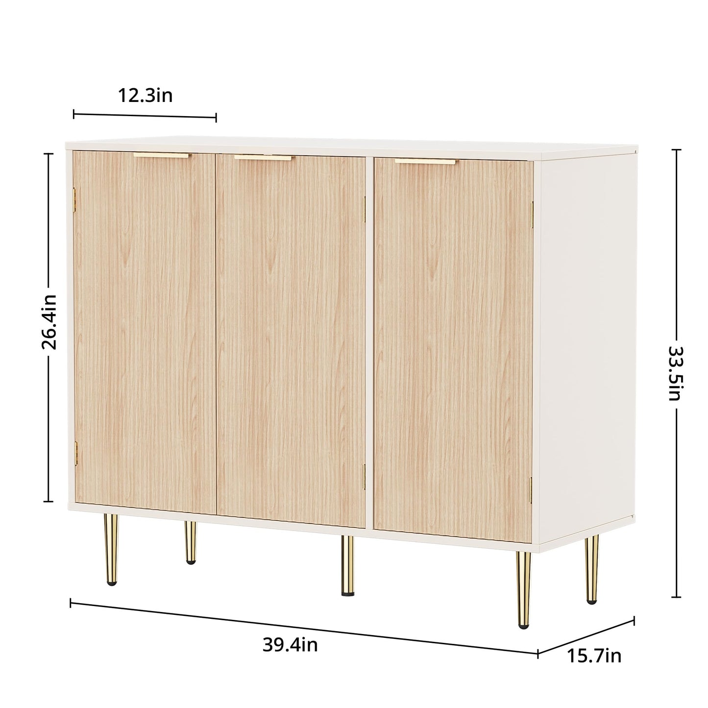 Fluted Sideboard Buffet with 3 Doors and Adjustable Shelves, Modern Kitchen Storage Cabinet with Gold Handles, Coffee Bar for Living Room or Kitchen, Oak