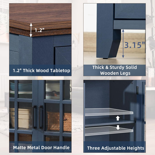 **32" Large Farmhouse Sideboard Buffet Cabinet with Storage, Wood Coffee & Wine Bar Cabinet with 2 Glass Doors, Mid-Century Modern Sideboard for Dining Room or Living Room, Navy Blue**