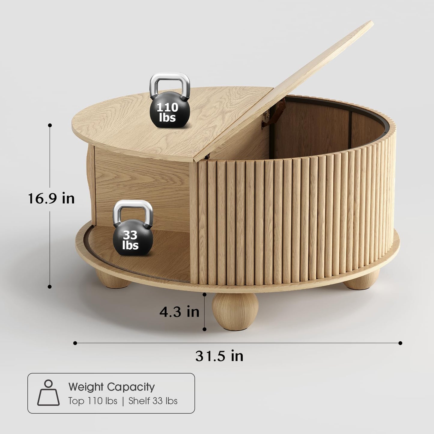 Round Coffee Table with Storage, 31.5" Fluted Lift-Top Drum Center Table with Sliding Door and Bun Feet, Mid-Century Modern Coffee Table for Living Room or Small Spaces, Oak