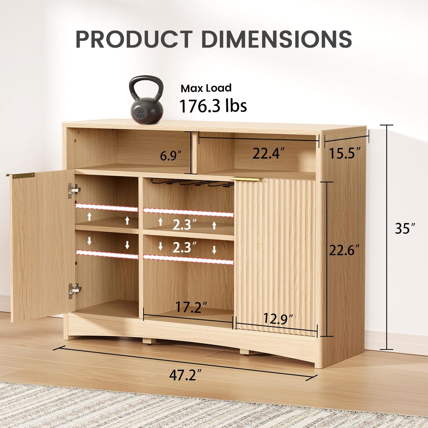 Coffee Bar Cabinet with Wine Glass Rack, 47" Buffet Sideboard with Adjustable Shelves and Soft-Close Hinges, Holds 200 lbs, Natural Oak