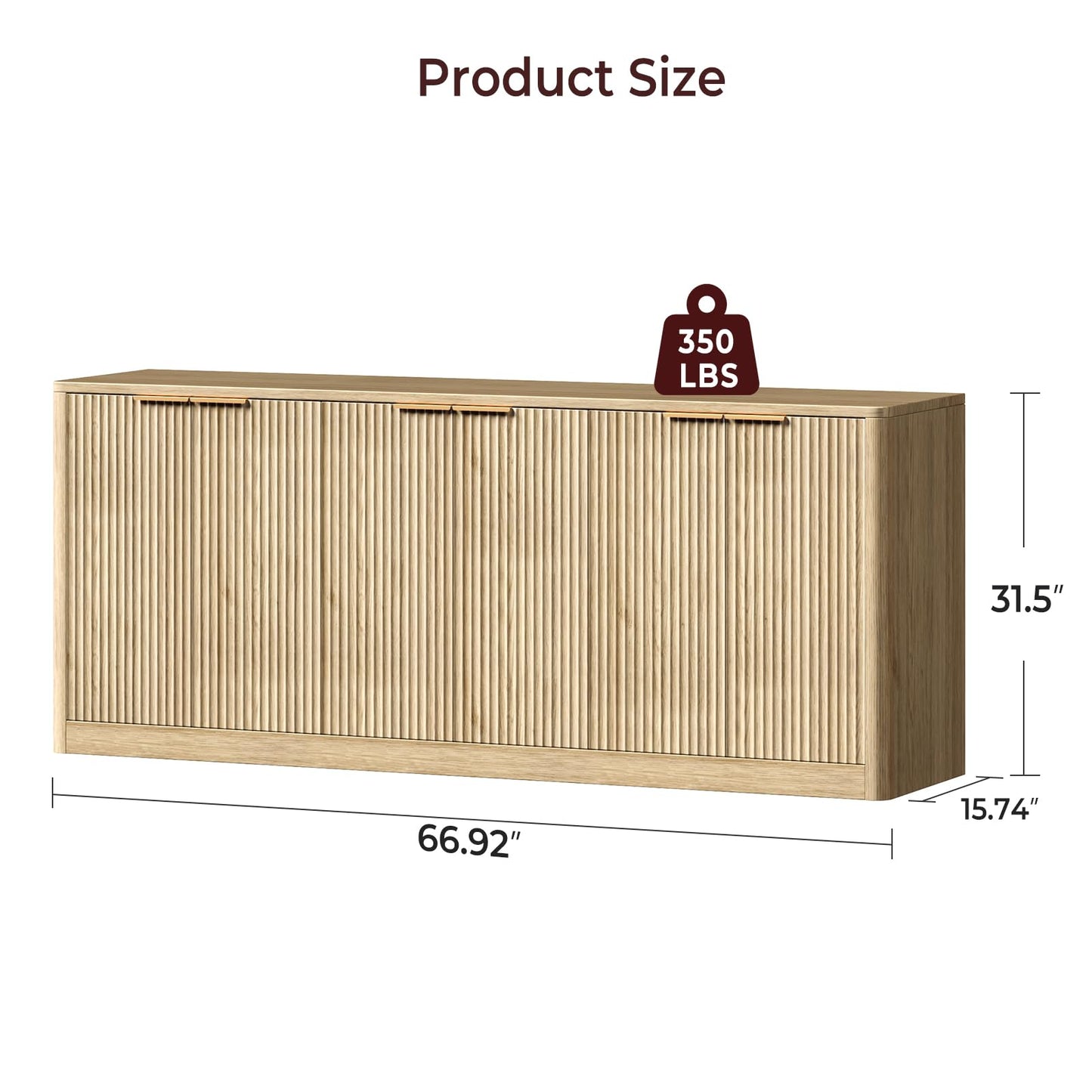 67" Fluted Oak Buffet Cabinet Sideboard with 6 Doors, Large Wood Mid-Century Modern Credenza Storage for Kitchen and Living Room