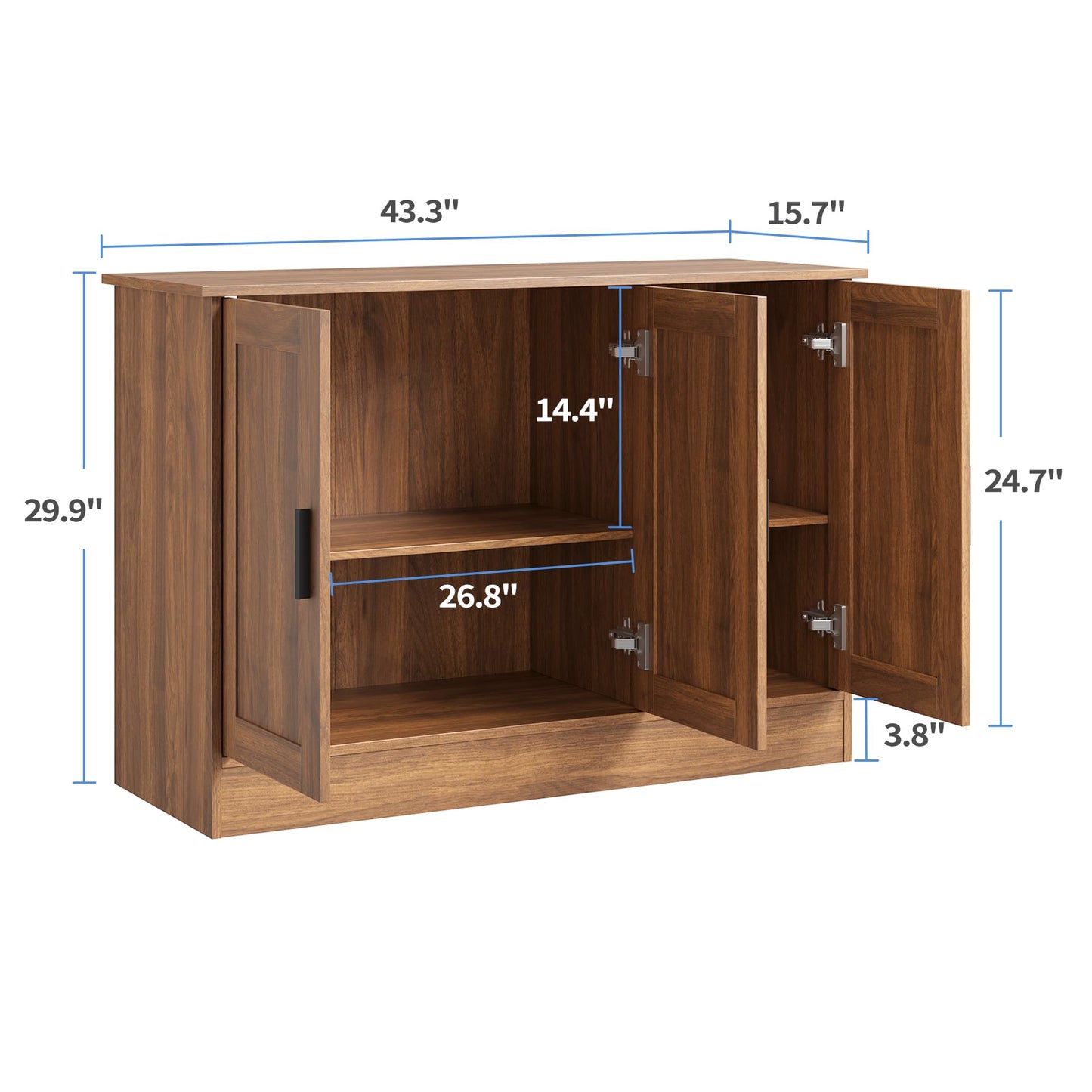 43" Brown Buffet Cabinet with 3 Doors and Adjustable Shelf, Modern Coffee Bar Sideboard for Kitchen or Living Room