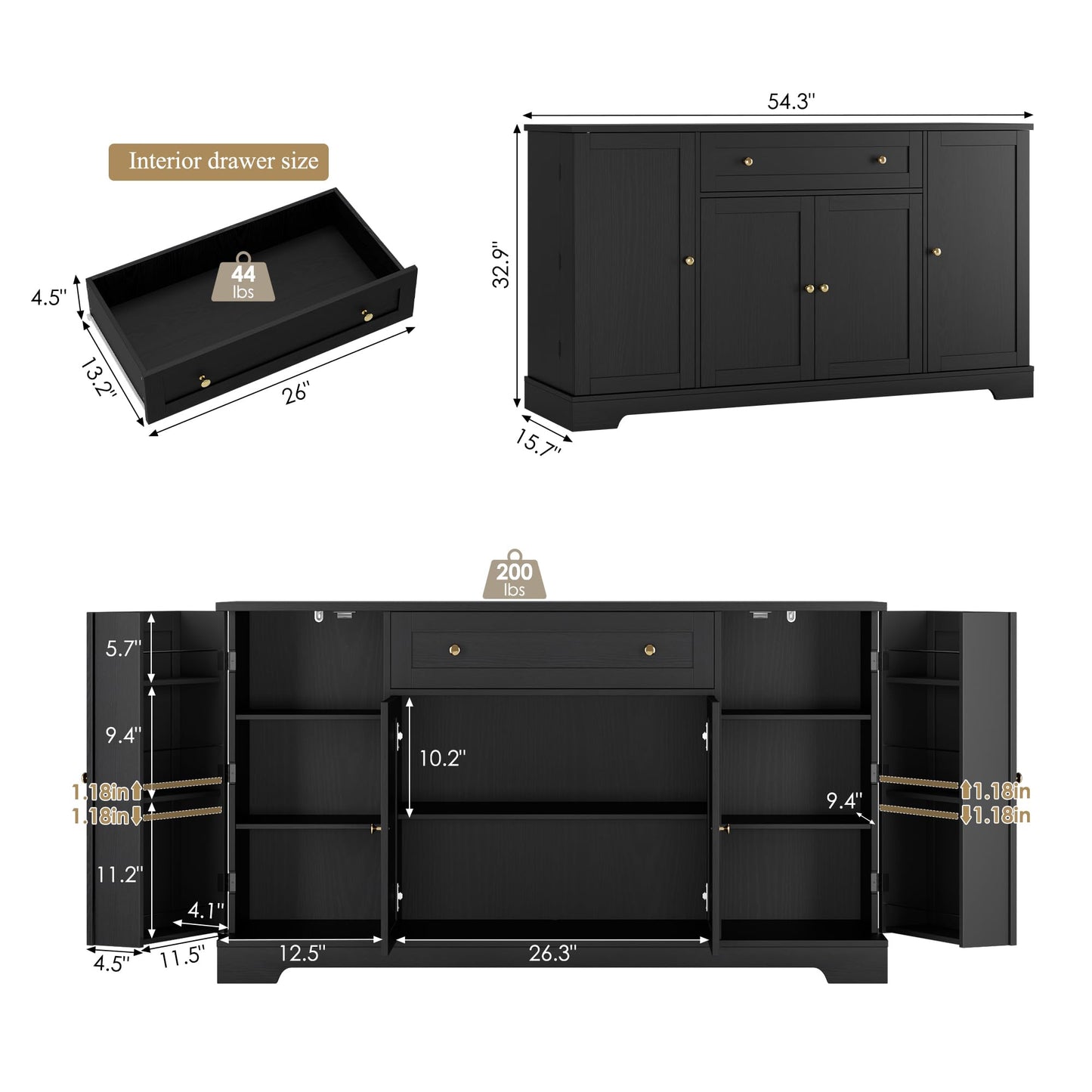 **HITHOS 54" Modern Buffet Cabinet with Storage, Black Kitchen Sideboard with Drawer, Wood Coffee Bar with Adjustable Shelves for Living Room**