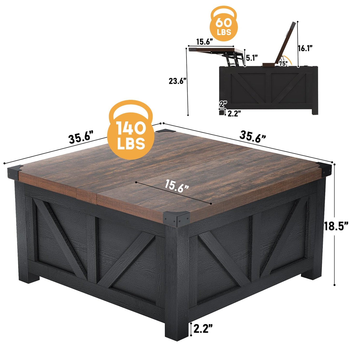 Farmhouse Lift Top Coffee Table with Storage and Charging Station – Black Wood Square Center Table with USB Ports, Hidden Compartment, and Large Storage Space for Living Room, Bedroom, or Home Office