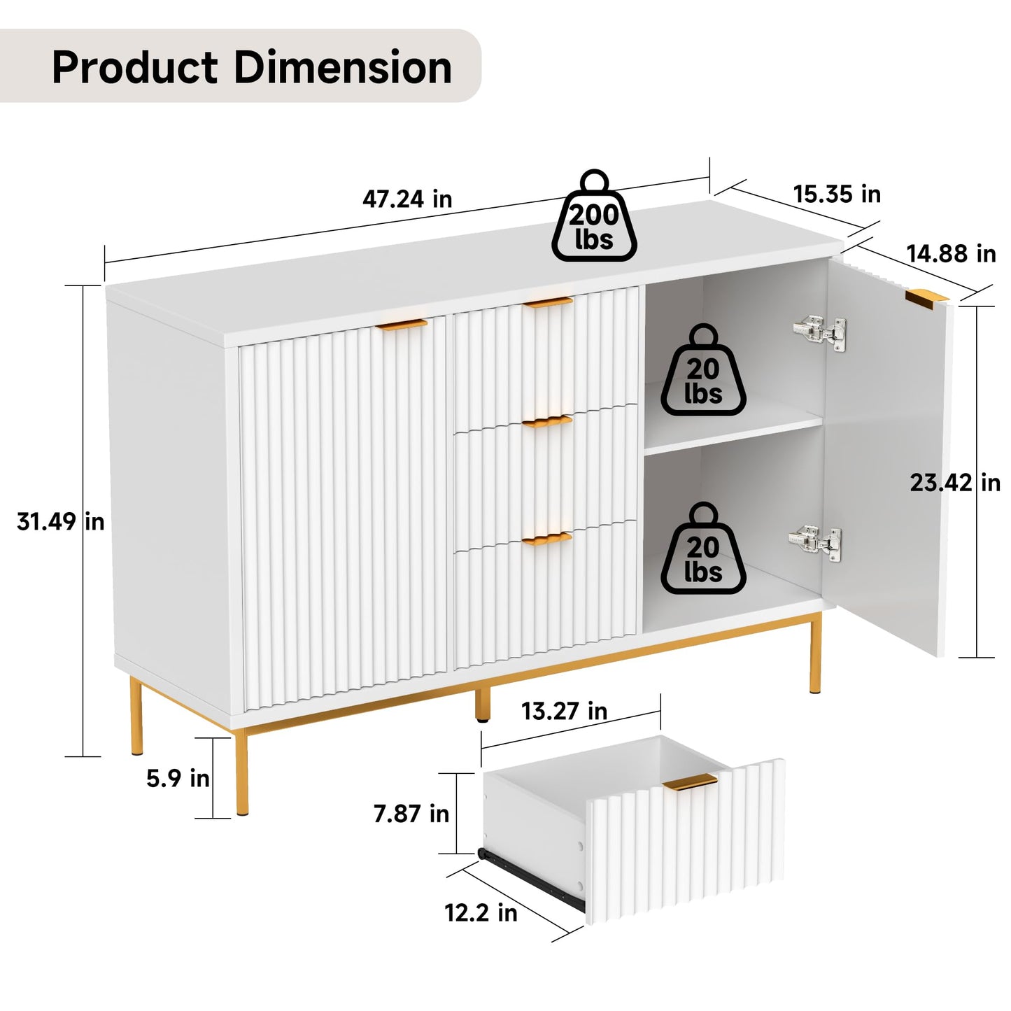 Fluted Buffet Cabinet with 2 Doors, 3 Drawers and Adjustable Shelf, 47" Modern Sideboard Coffee Bar Table for Kitchen and Living Room, White