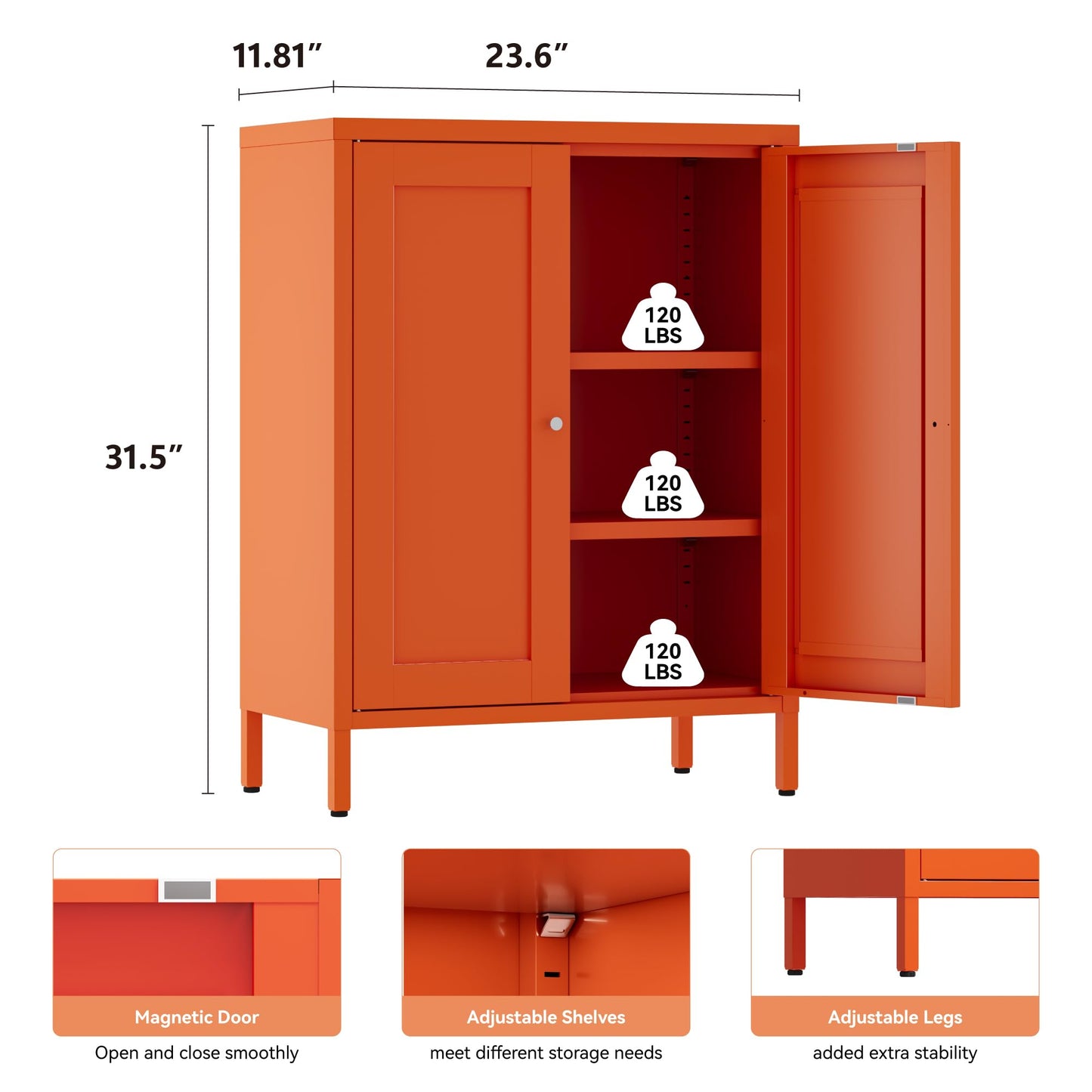 Metal Bathroom Storage Cabinet with 2 Doors and 2 Adjustable Shelves, Freestanding Sideboard for Small Spaces, Living Room or Dining Room, Orange