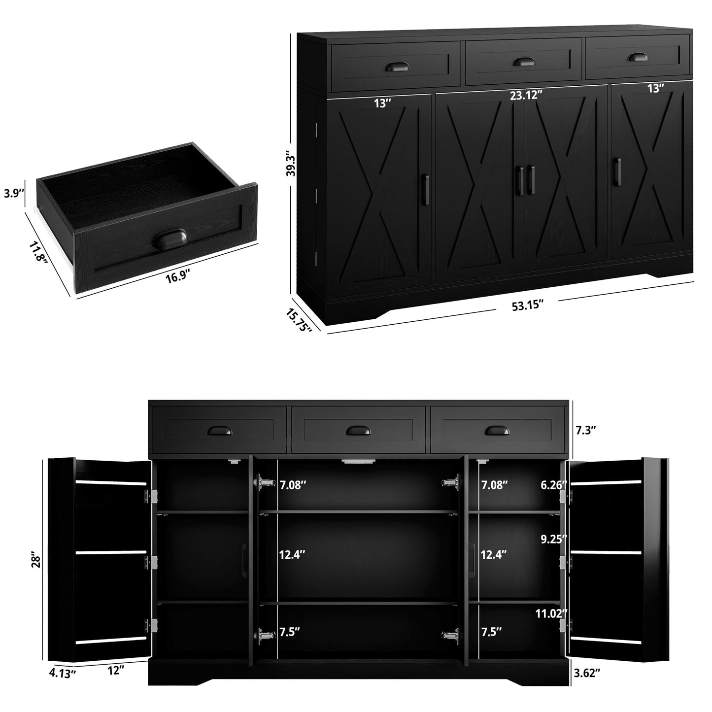 Buffet Cabinet with 4 Doors, 3 Drawers, and 6 Adjustable Shelves, Modern Sideboard Coffee Bar Storage for Kitchen or Dining Room, Black