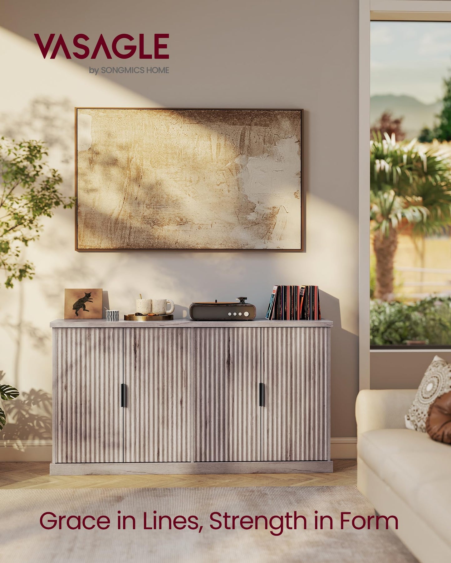 **Transitional Buffet Cabinet, Console Sideboard with Adjustable Shelves and Fluted Doors, Buffet Table for Kitchen or Pantry, Washed Gray**