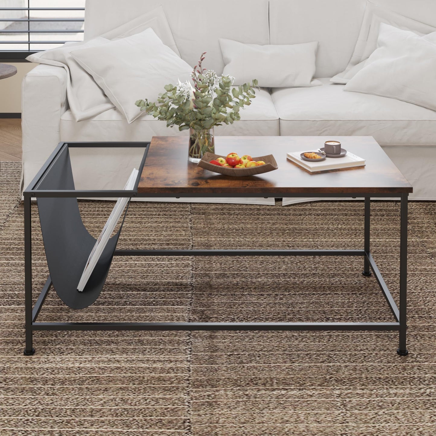 Brown Rectangle Wood and Metal Coffee Table with Storage Shelf for Small Living Rooms