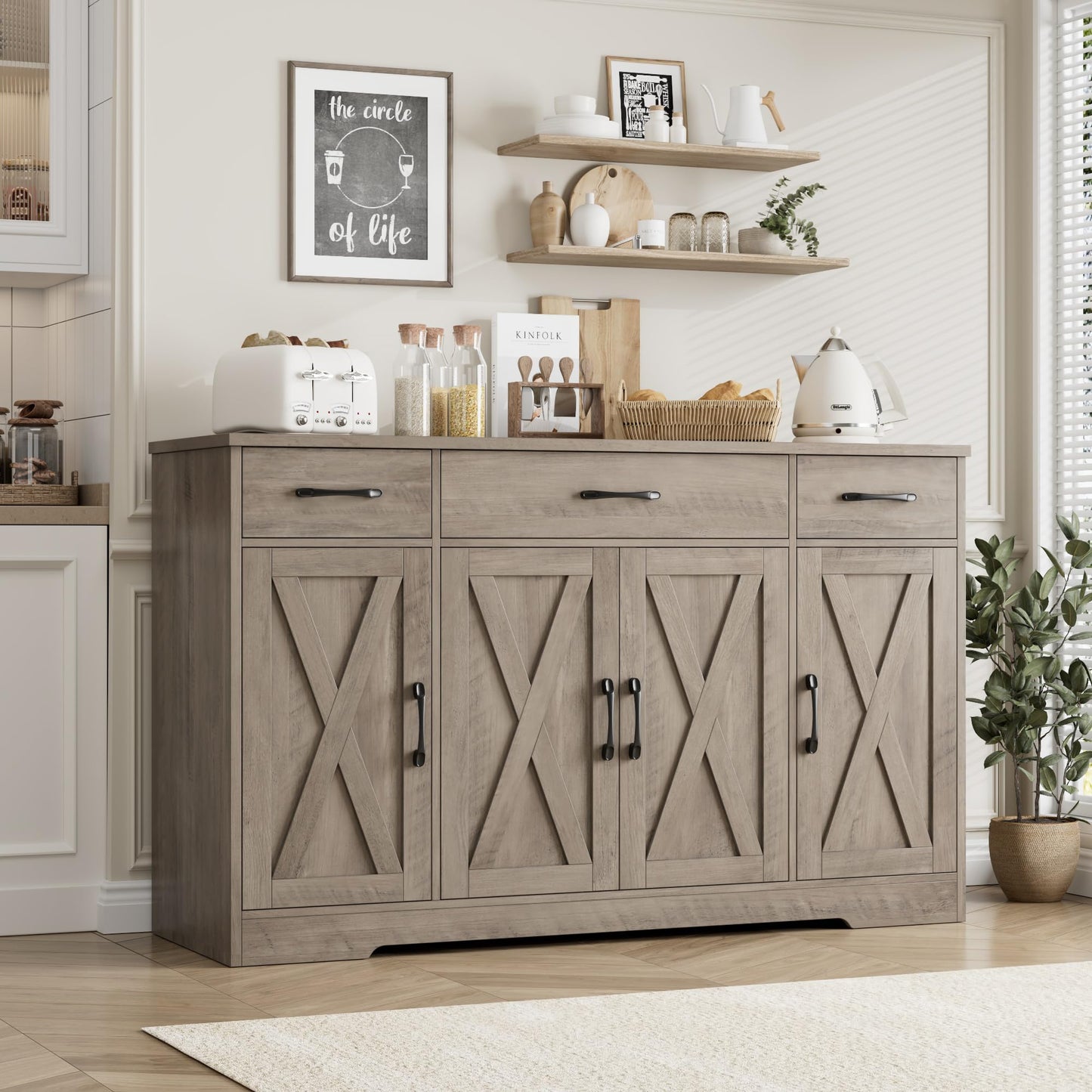 55" Large Buffet Sideboard Cabinet with Drawers, Shelves, and Doors, Modern Farmhouse Coffee Bar Station for Kitchen or Dining Room, Ash Grey