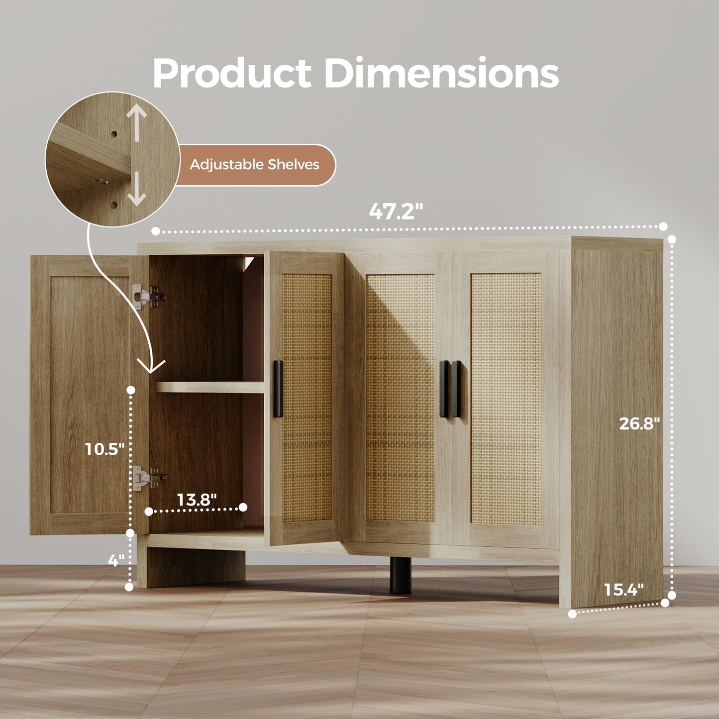 **Rattan Buffet Cabinet with Storage, Sideboard with Doors, TV Stand, Farmhouse Coffee Bar, Modern Wood Storage Cabinet for Living Room, Kitchen, or Dining Room, Oak**