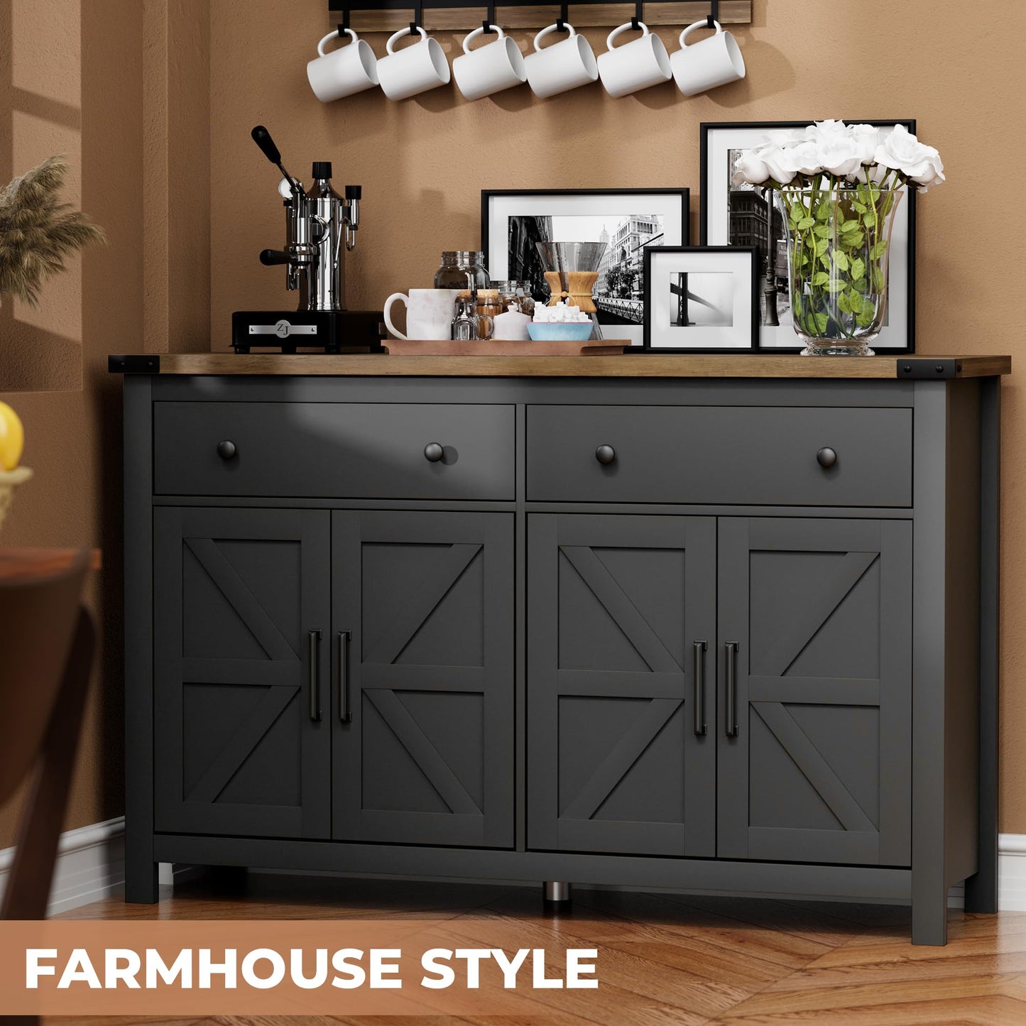 55" Modern Farmhouse Sideboard Buffet Cabinet with Storage, Black Wood Coffee Bar Cabinet with 2 Drawers & 4 Barn Doors, Long Storage Cabinet for Kitchen, Dining Room & Living Room
