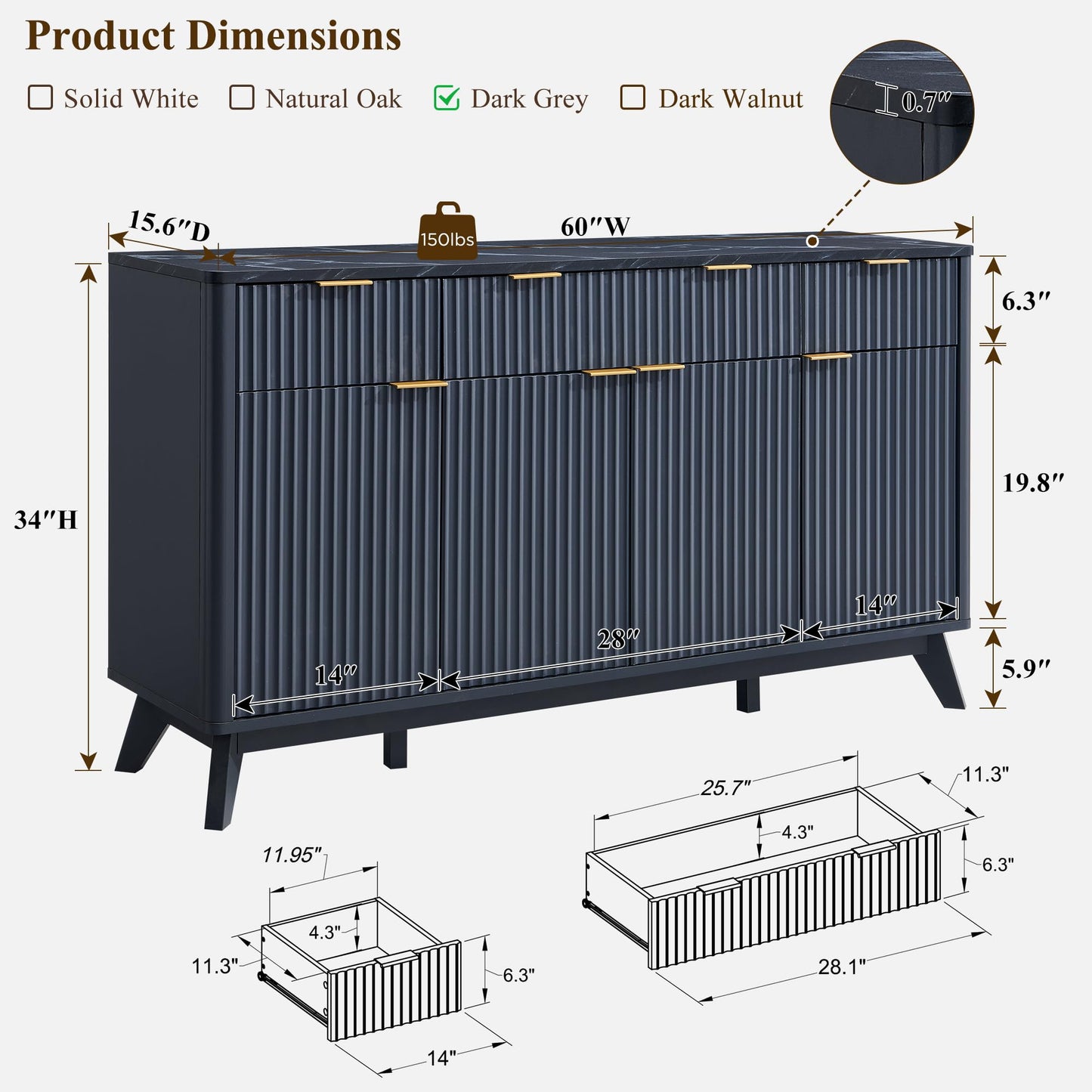 **T4TREAM 60" Fluted Modern Buffet Sideboard Cabinet with Storage, Large Buffet Table with 3 Drawers & 4 Doors for Dining Room, Living Room, or Hallway, Dark Grey**