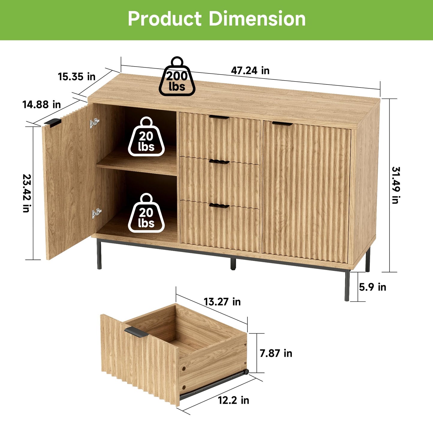 **Real Relax Sideboard Buffet Cabinet with Storage, Modern Fluted Sideboard with 2 Doors and 3 Drawers, Coffee Bar Accent Storage Credenza for Kitchen, Dining Room, and Living Room, Oak**