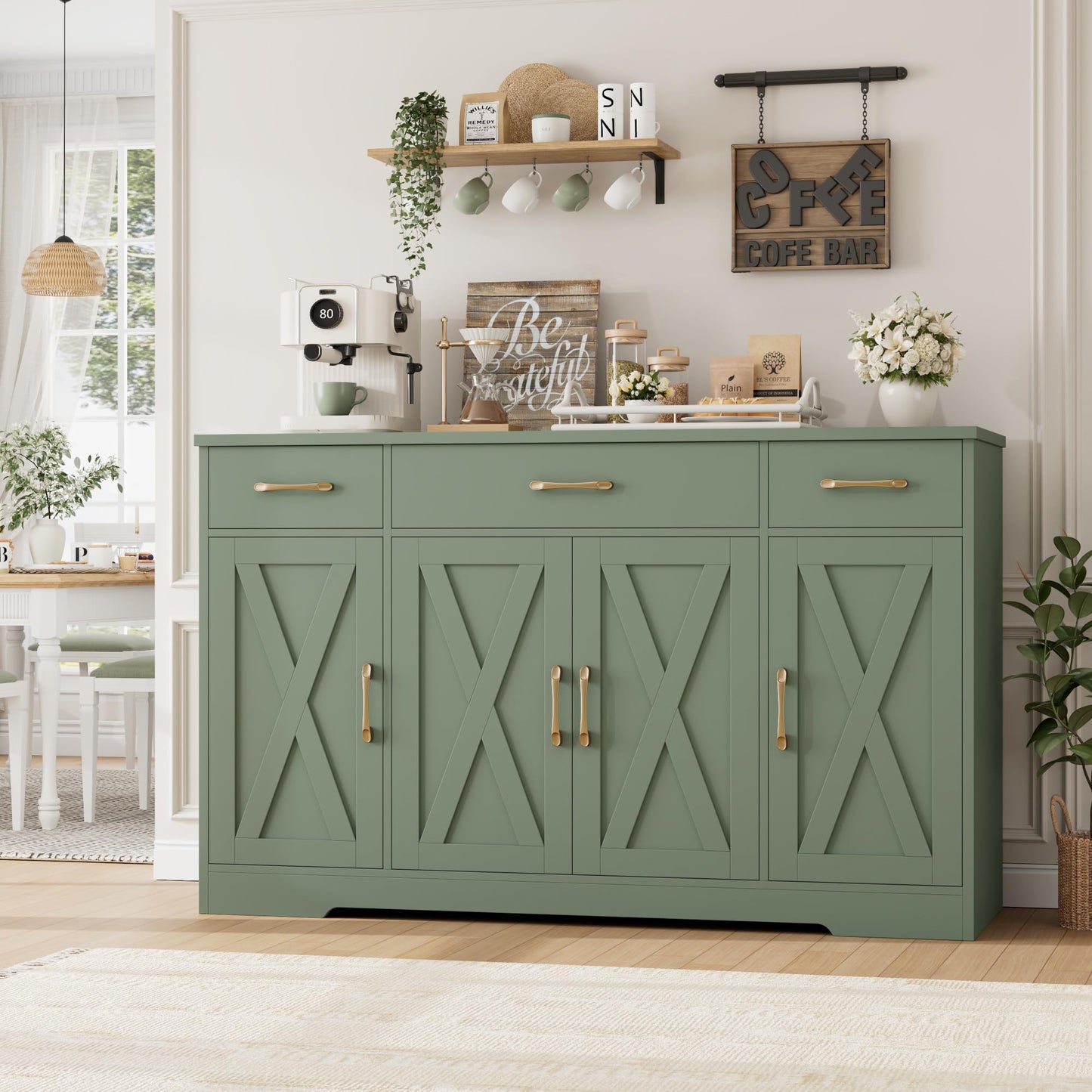 55" Large Buffet Sideboard Cabinet with Drawers, Shelves, and Doors, Modern Farmhouse Coffee Bar Station for Kitchen or Dining Room, Green