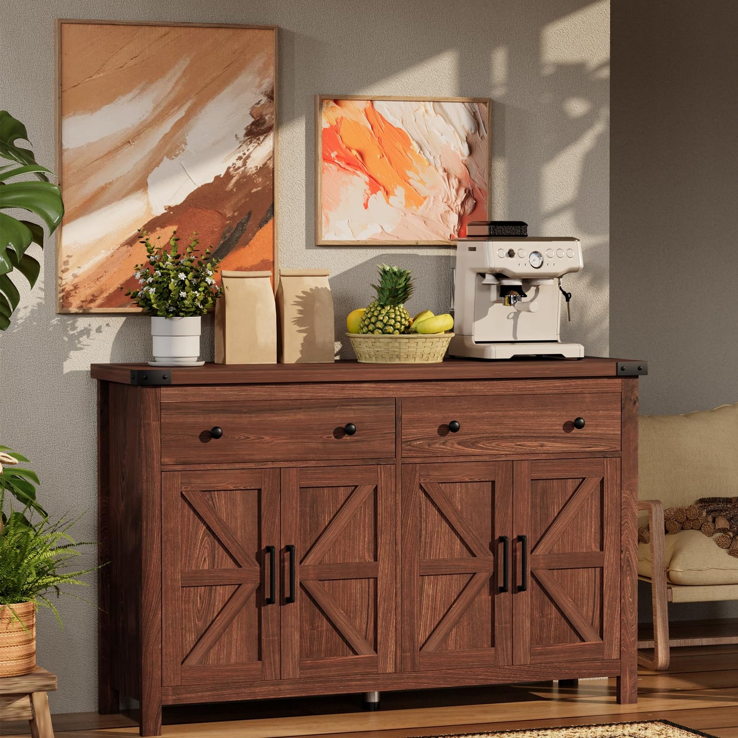 55'' Farmhouse Buffet Cabinet with Storage, Cherry Wood Sideboard Coffee Bar Cabinet with 4 Doors & 2 Drawers, Large Kitchen Storage Cabinet for Dining Room & Living Room